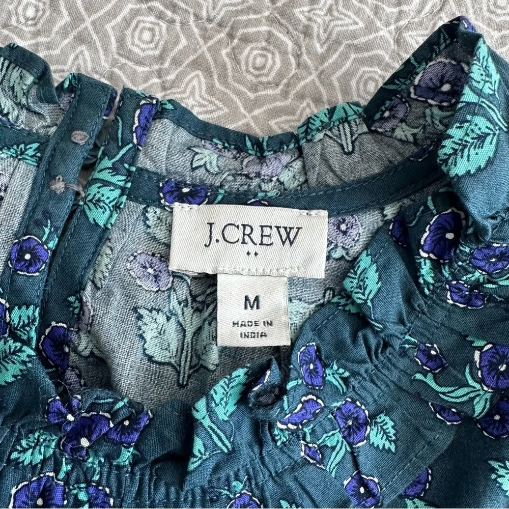J. CREW Long Sleeve Ruffleneck Poplin Blouse Floral Spruce Antique Navy Size M